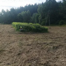 Pracownik w odblaskowej kamizelce kosi wysoką trawę na polu za pomocą podkaszarki spalinowej, widoczny skoszony teren, w tle las i słupy elektryczne.