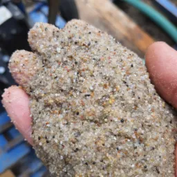 Garść wilgotnego piasku kwarcowego z widocznymi różnokolorowymi ziarnami, trzymana w dłoni podczas wiercenia studni.