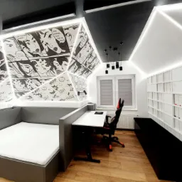 Pokój młodzieżowy z łóżkiem wbudowanym w zabudowę meblową, ścianą ozdobioną komiksowym motywem i oświetleniem LED, biurko z krzesłem gamingowym, drewniana podłoga.