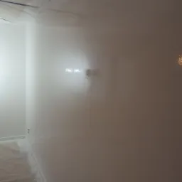 Świeżo wykończona, gładka ściana w jasnym odcieniu, zabezpieczona folią podłoga i sufit, widoczne odbicia światła na powierzchni.