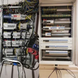 Porównanie stanu rozdzielnicy elektrycznej przed i po modernizacji: po lewej stronie widoczny chaos przewodów i stara aparatura, po prawej uporządkowana, nowa rozdzielnica z przejrzystym układem...