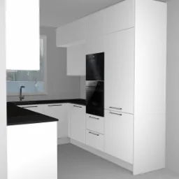 Wizualizacja nowoczesnej kuchni na wymiar w Opolu: białe fronty szafek, czarny blat, zabudowany piekarnik i mikrofalówka, minimalistyczne uchwyty.