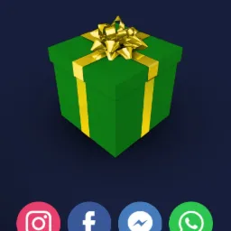 Grafika interfejsu aplikacji 'Send Gift' z renderowanym, zielonym prezentem z złotą wstążką i kokardą, poniżej ikony udostępniania: Instagram, Facebook, Messenger, WhatsApp, SMS oraz inne.