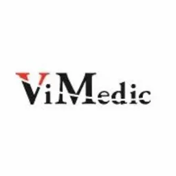 Logo ViMedic w Będzinie, czarny napis z czerwonym akcentem na literze 'V', na białym tle.