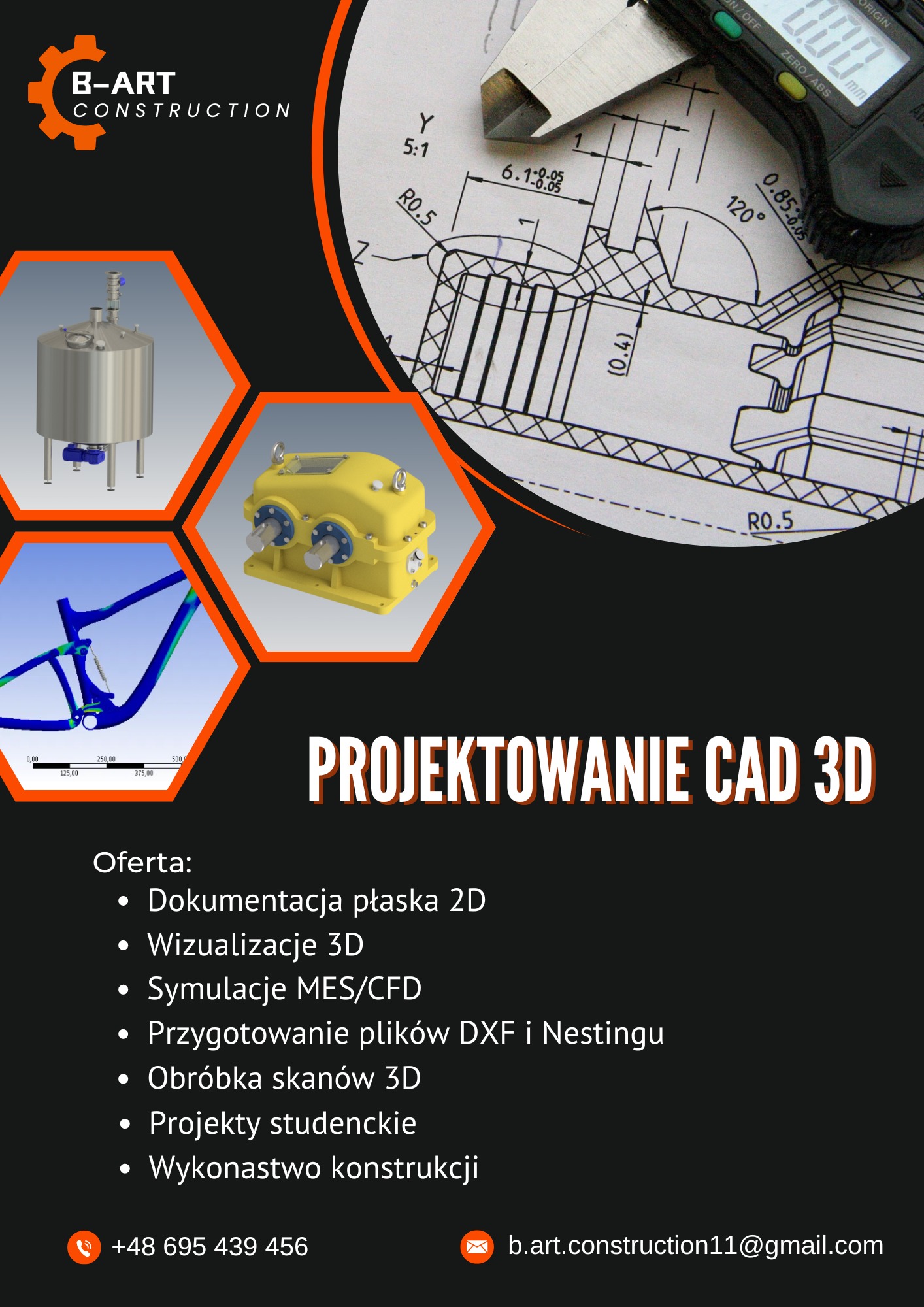 Plakat reklamowy firmy B-ART Construction oferującej projektowanie CAD 3D, z wizualizacjami zbiornika, przekładni, ramy roweru oraz odręcznym szkicem technicznym mierzonym suwmiarką cyfrową.