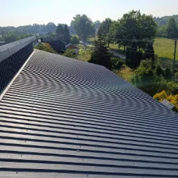 Nowy, grafitowy dach z blachy trapezowej na tle zieleni, widok z góry.