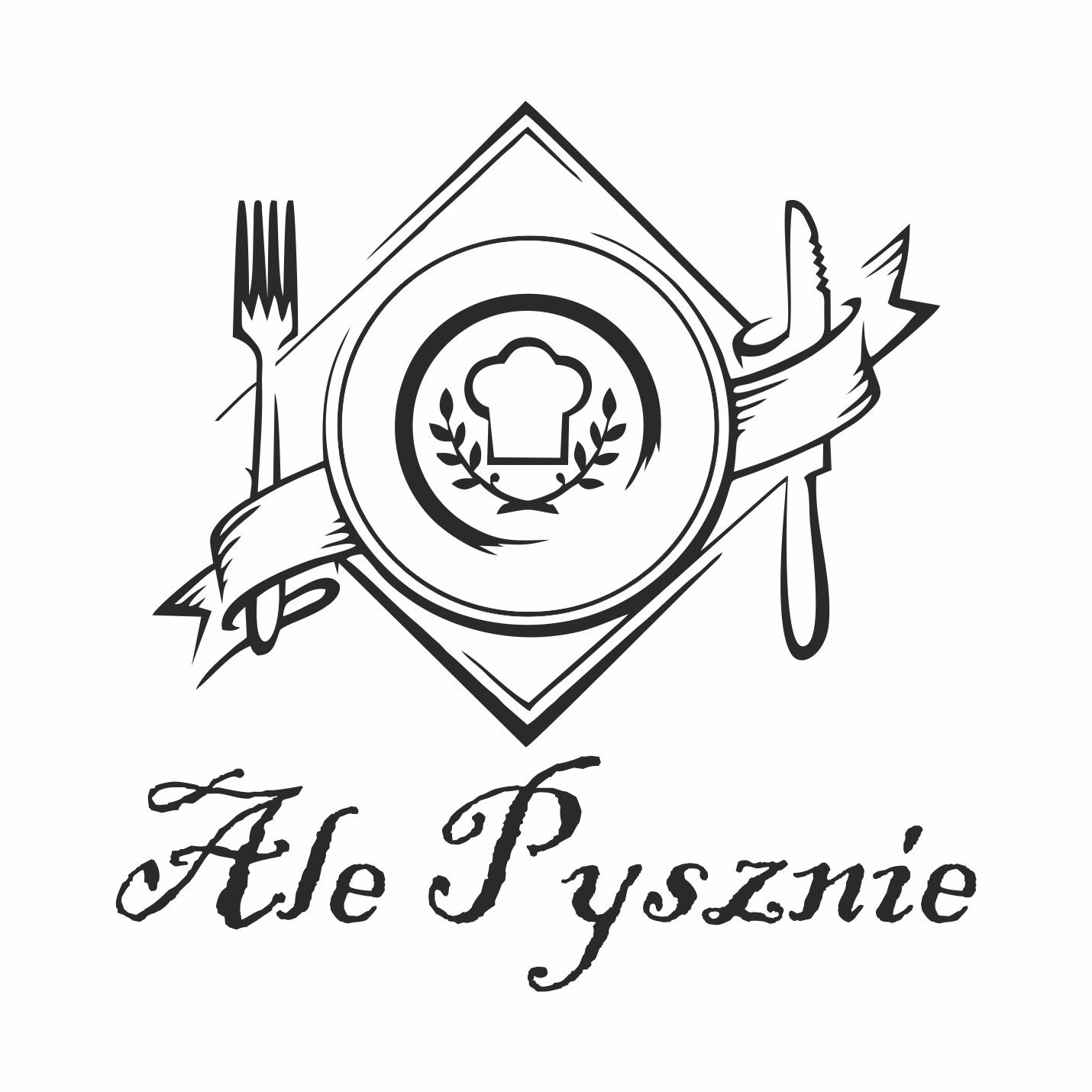 Czarno-białe logo firmy cateringowej: talerz z czapką kucharską otoczony wieńcem, skrzyżowane widelec i nóż, napis 'Ale Pysznie' ozdobną czcionką.