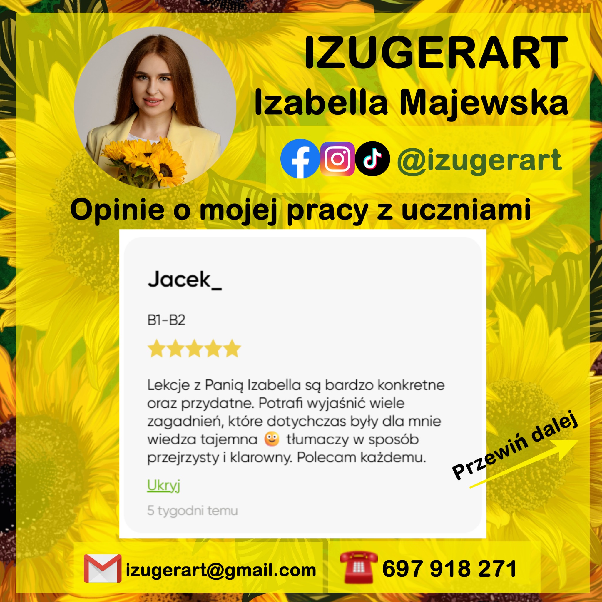 Opinia ucznia o Izabelli Majewskiej, nauczycielce. Grafika z portretem, tekstem recenzji, danymi kontaktowymi i motywem słoneczników w tle.