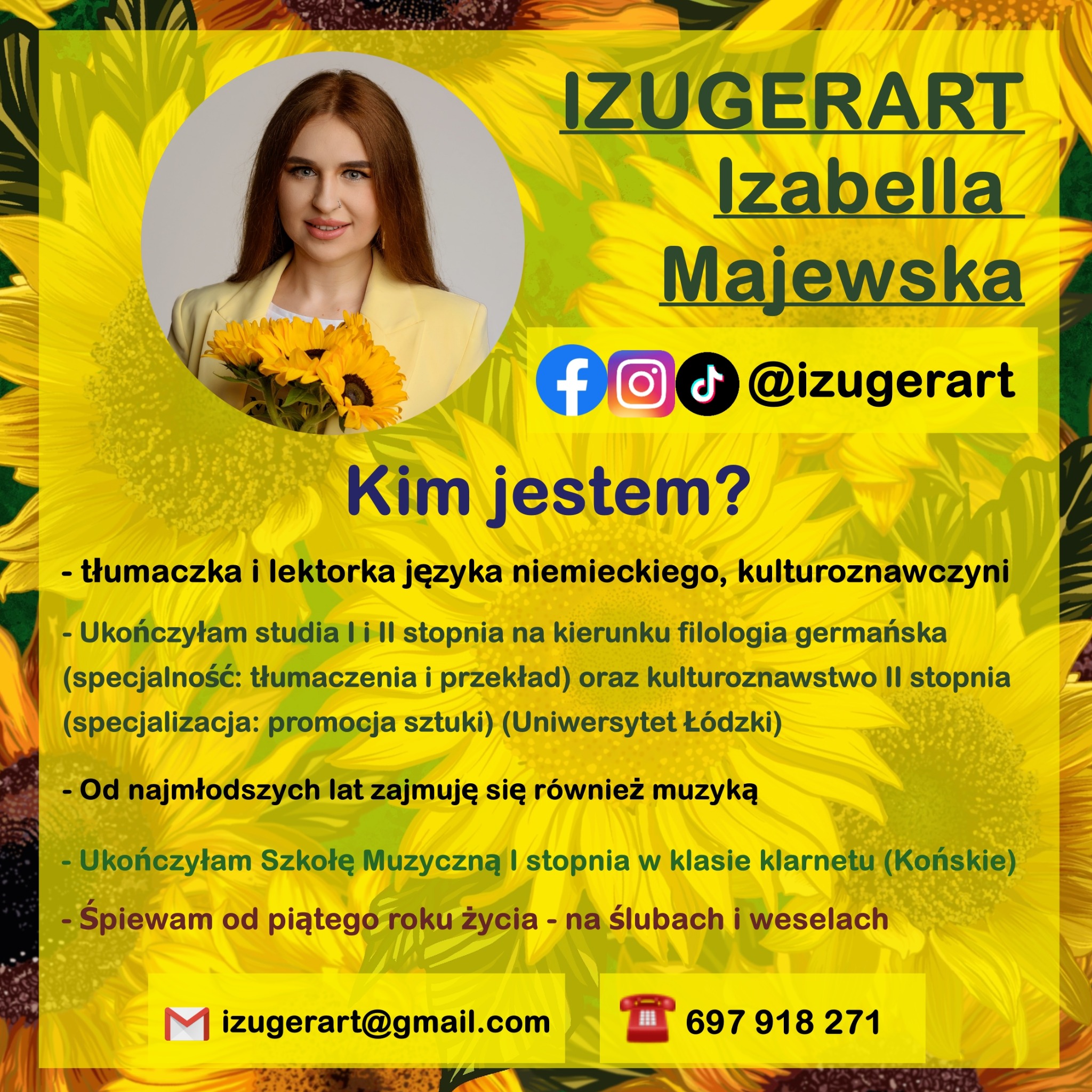Ogłoszenie Izabelli Majewskiej, tłumaczki i lektorki języka niemieckiego, z bukietem słoneczników. Kontakt: izugerart@gmail.com, 697 918 271. Social media: @izugerart.