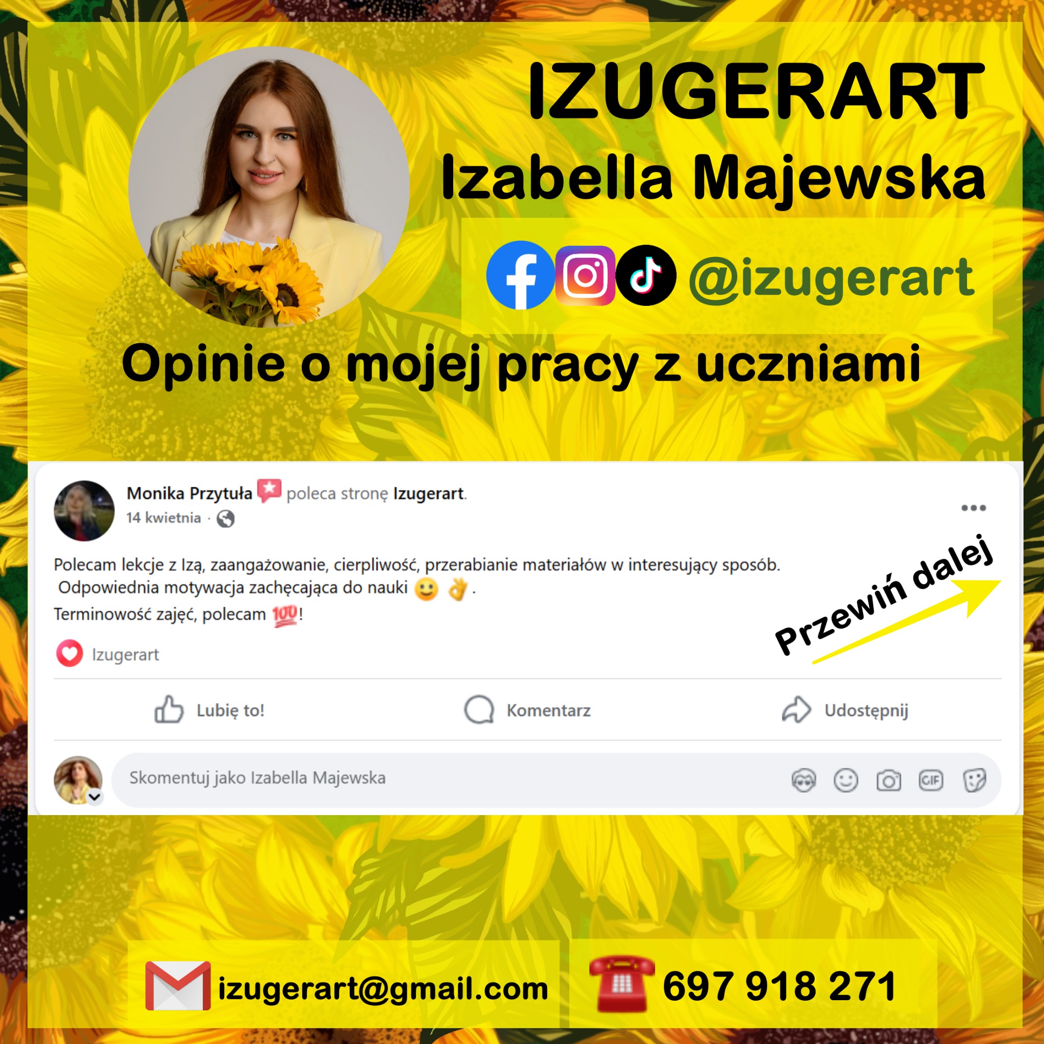 Grafika z portretem Izabelli Majewskiej, opinią klientki, danymi kontaktowymi i logotypami mediów społecznościowych na tle słoneczników. Promocja kursów językowych.
