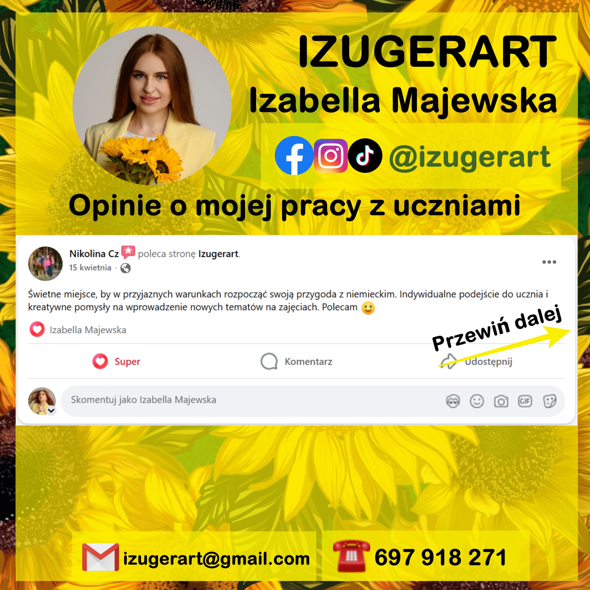 Izabella Majewska Izugerart: opinia ucznia o kursie niemieckiego. Zrzut ekranu z pozytywnym komentarzem, dane kontaktowe i ikony mediów społecznościowych na tle słoneczników.