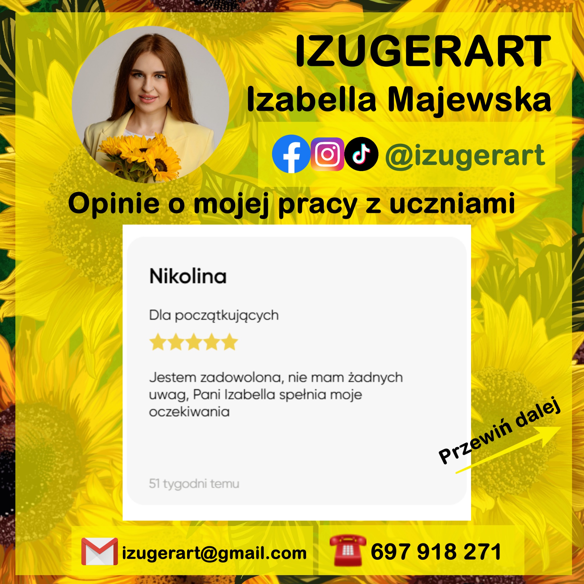 Opinia ucznia o Izabelli Majewskiej, nauczycielce. Żółte tło ze słonecznikami, dane kontaktowe i ikony social media. Recenzja z 5 gwiazdkami.