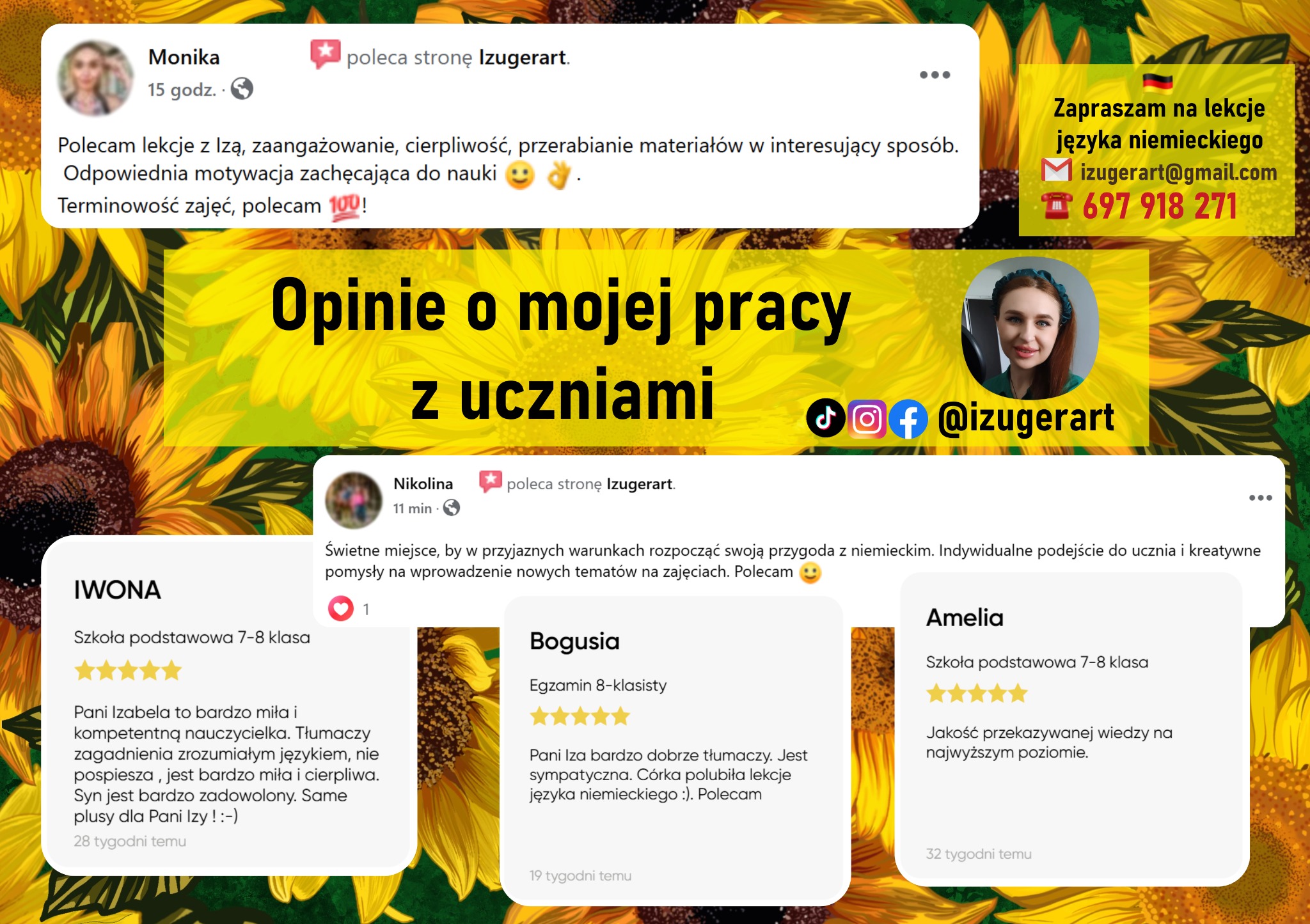 Opinie o kursach niemieckiego Izugerart na tle słoneczników. Rekomendacje od Moniki, Nikoliny, Iwony, Bogusi i Amelii. Kontakt: izugerart@gmail.com, 697 918 271.