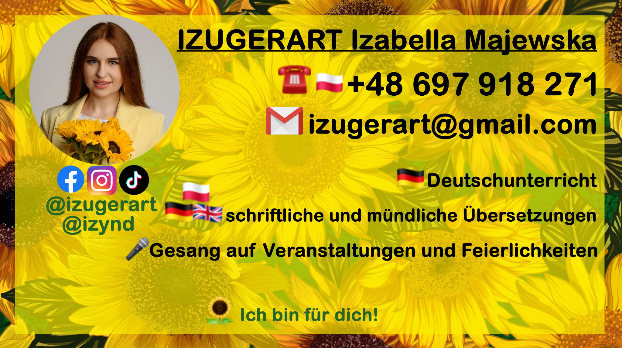 Grafika z portretem kobiety trzymającej słoneczniki, dane kontaktowe, flagi Polski, Niemiec i Wielkiej Brytanii, oraz napisy o nauce niemieckiego i tłumaczeniach.