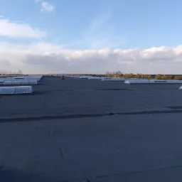 Rozległy, płaski dach pokryty papą termozgrzewalną z widocznymi świetlikami dachowymi i błękitnym niebem z chmurami w tle.