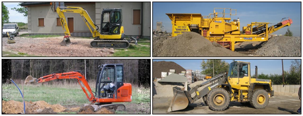 Zestawienie maszyn budowlanych: koparki Komatsu, kruszarka Parker i ładowarka kołowa Komatsu. Różne etapy prac ziemnych i obróbki materiałów. Sprzęt ciężki.