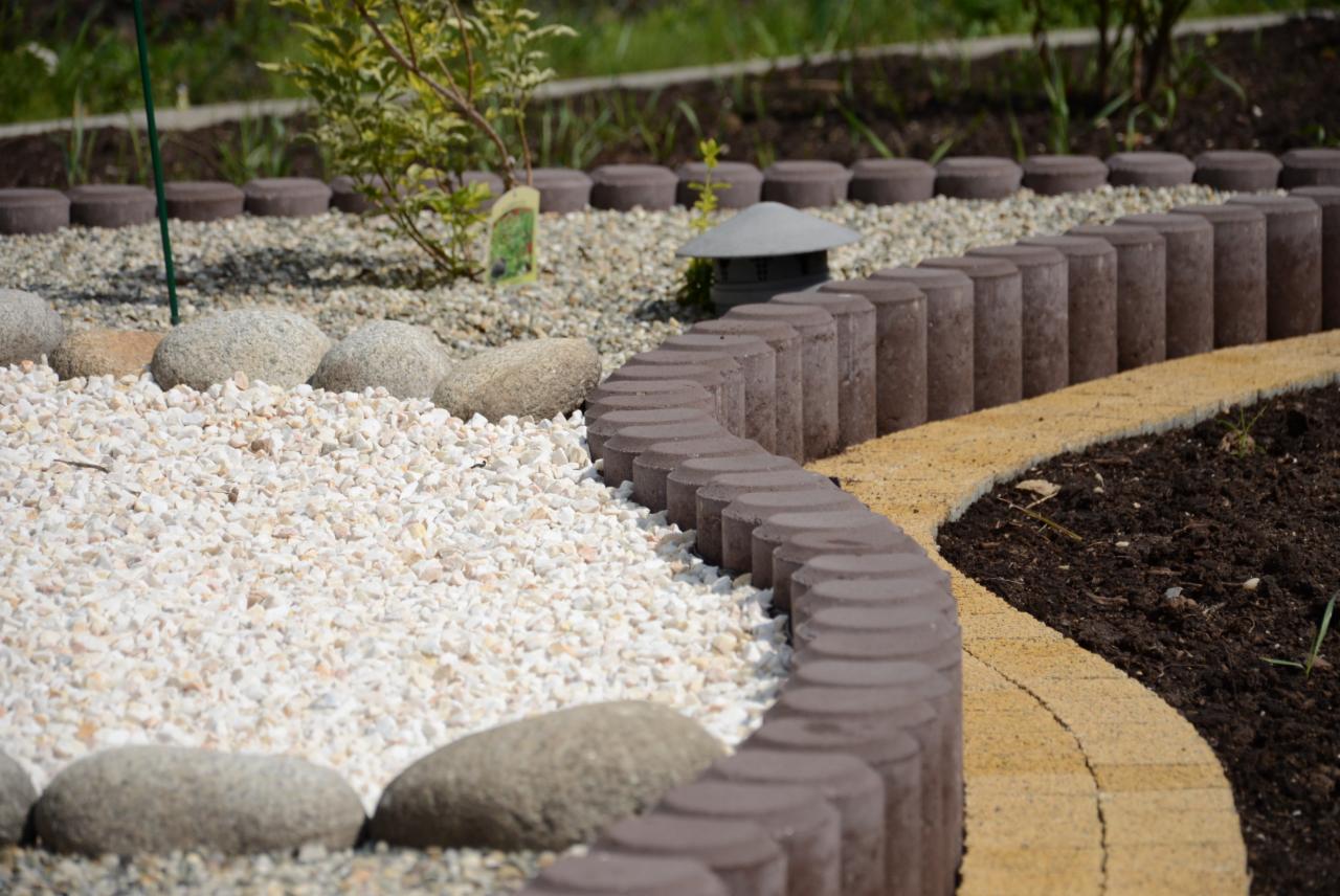 Dekoracyjny ogród z białym żwirem, brązowymi obrzeżami z prefabrykatów betonowych i ścieżką z żółtej kostki. Urozmaicony kamieniami i roślinnością.