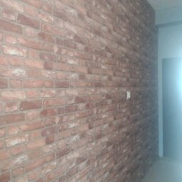 Pawlowolochastyi - Ściana wykończona czerwoną cegłą dekoracyjną, widoczny fragment gniazdka elektrycznego i korytarza po prawej stronie.