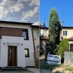 Dwa segmenty bliźniaka: jeden z jasną elewacją, drewnianymi akcentami i szklanym zadaszeniem nad wejściem, drugi z elewacją w odcieniach beżu i brązu, otoczony zielenią.