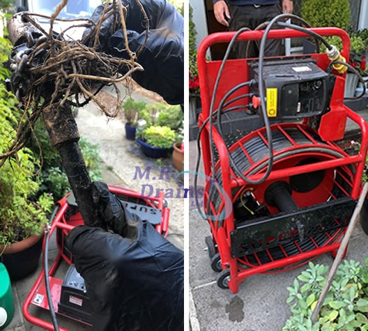 Zablokowana rura z korzeniami usunięta za pomocą elektrycznego węża do czyszczenia rur, widoczny czerwony wózek z bębnem na wąż, otoczenie z roślinami w donicach.