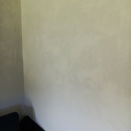 Michał  Wojtas - Jasnoszara ściana z efektem dekoracyjnym, widoczna z bliska, z fragmentem sofy w rogu. Delikatna faktura i stonowana kolorystyka.