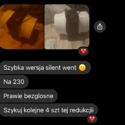 Zdjęcie w komunikatorze przedstawia prototyp wentylatora wyciszonego, wykonanego z białych rur PCV i czarnej obudowy, leżącego na podłodze. Widoczne są także fragmenty rozmowy tekstowej.