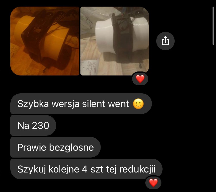 Zdjęcie w komunikatorze przedstawia prototyp wentylatora wyciszonego, wykonanego z białych rur PCV i czarnej obudowy, leżącego na podłodze. Widoczne są także fragmenty rozmowy tekstowej.