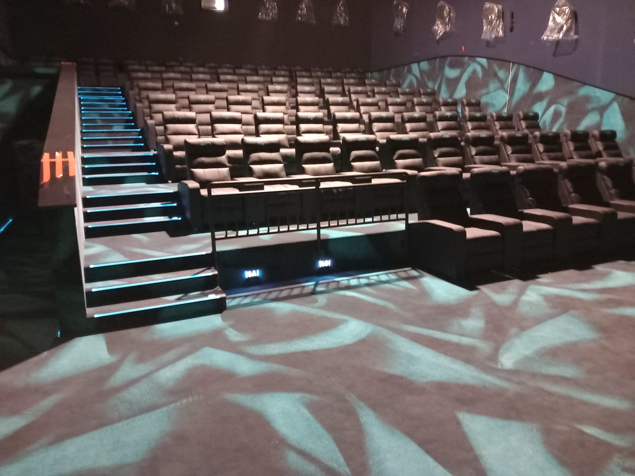 Wnętrze sali kinowej w Skarżysku-Kamiennej z rzędami ciemnych foteli i podświetlanymi schodami, wzór na wykładzinie podłogowej imitujący cień liści.