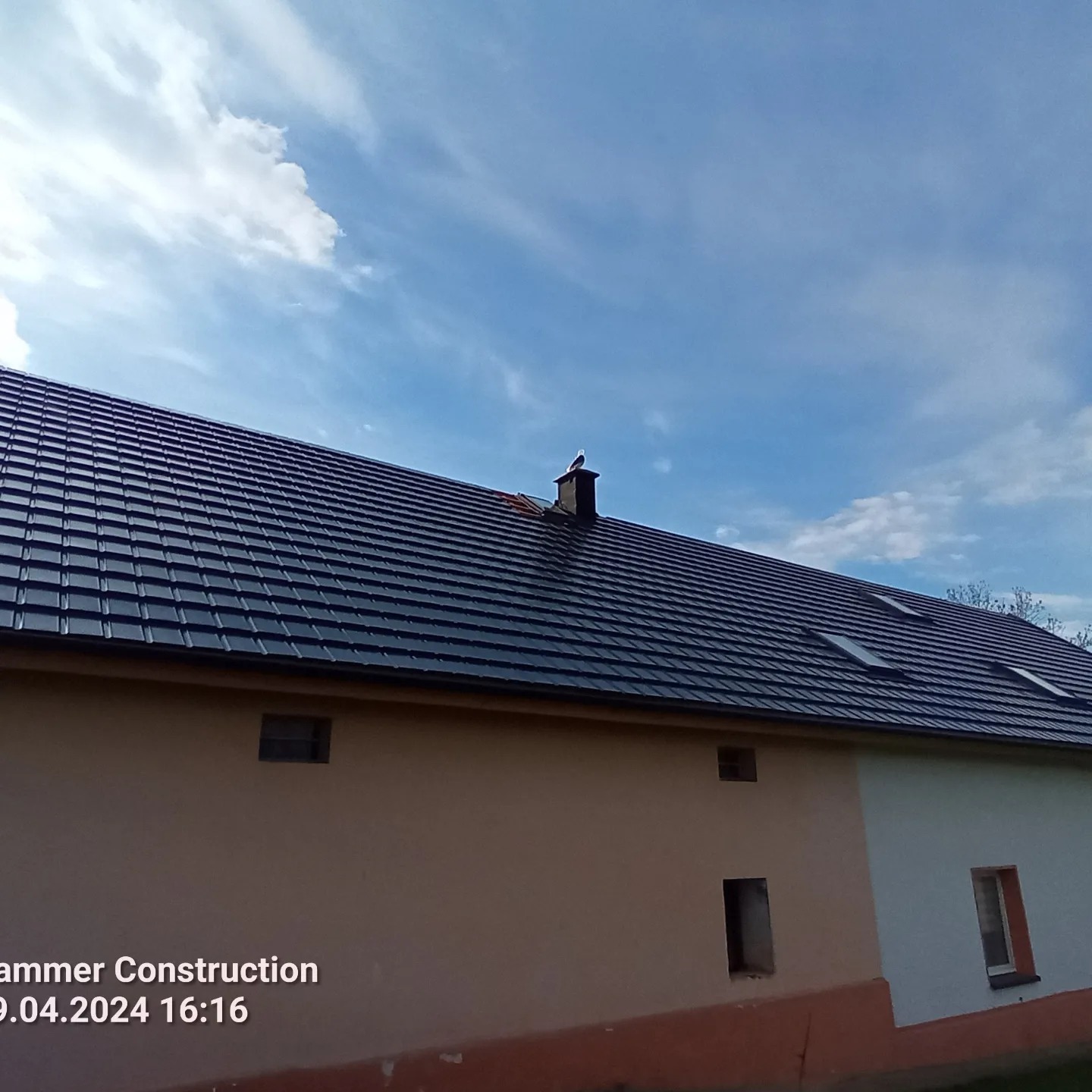 Nowy, ciemny dach z dachówki ceramicznej na budynku z kominem, na którym siedzi ptak, widok z dołu pod kątem.