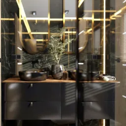 Nowoczesna łazienka z czarnymi umywalkami nablatowymi, drewnianym blatem i marmurowymi ścianami z podświetleniem LED, uzupełniona rośliną w doniczce i dozownikiem mydła.
