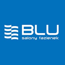 Niebieskie logo salonu łazienek BLU z trzema pionowymi kolumnami symbolizującymi fale lub kafelki po lewej stronie napisu.