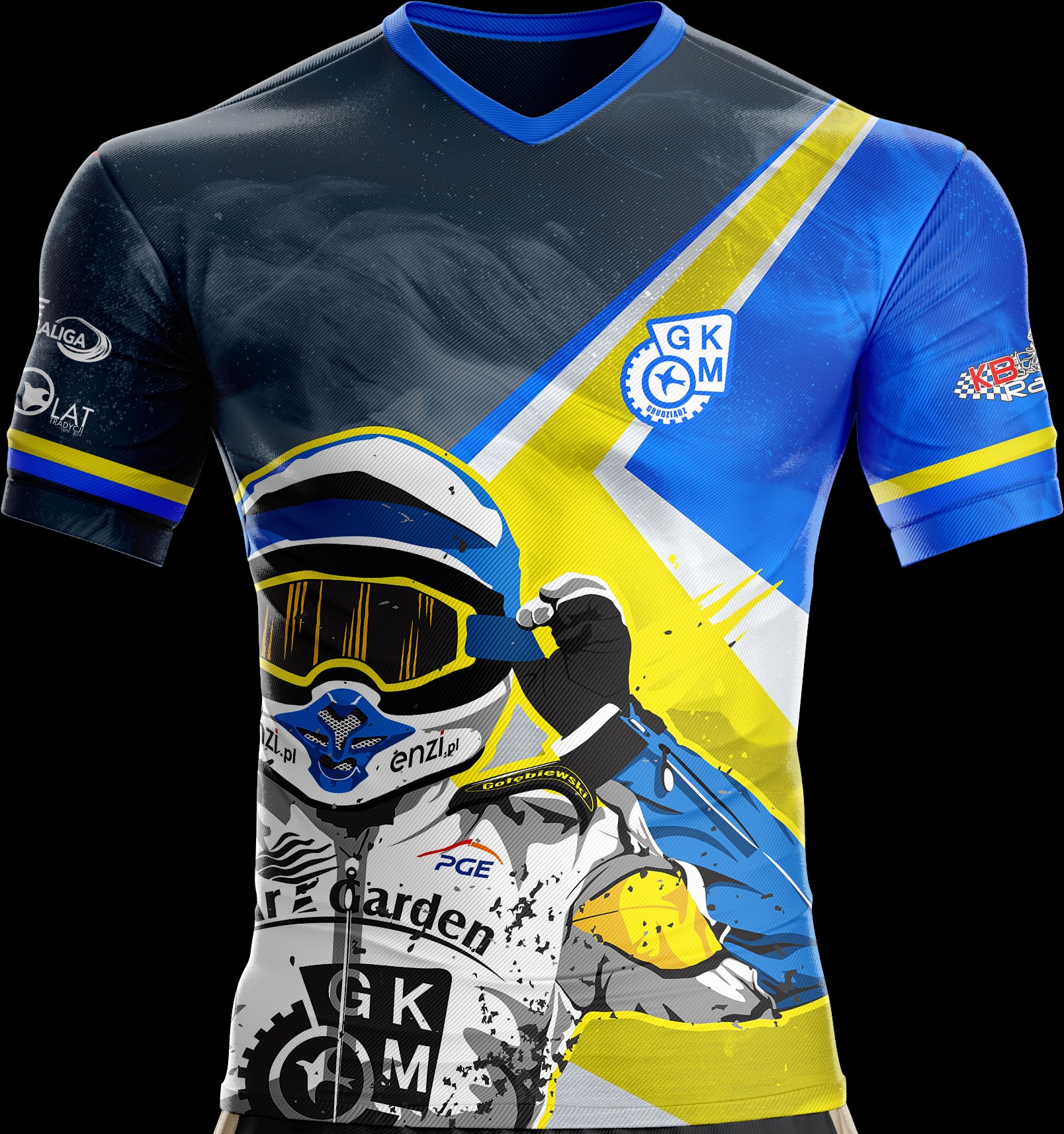 Koszulka sportowa z nadrukiem motywu żużlowego, zawierająca logo klubu GKM Grudziądz i sponsorów, na tle niebiesko-żółtej flagi klubowej.