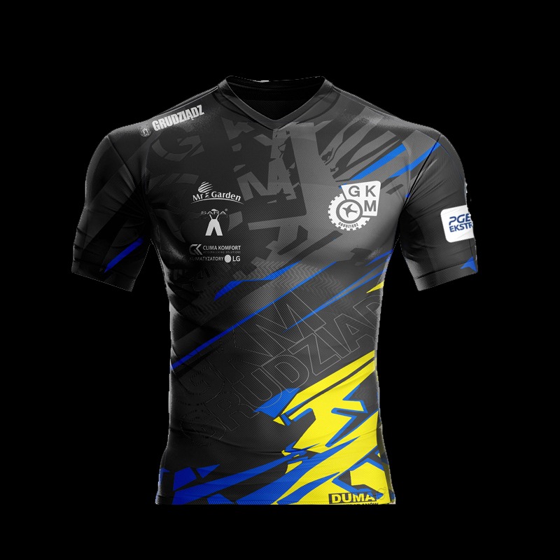 Czarno-szara koszulka sportowa z niebieskimi i żółtymi akcentami, logotypami sponsorów i napisem 'GRUDZIĄDZ', na czarnym tle.