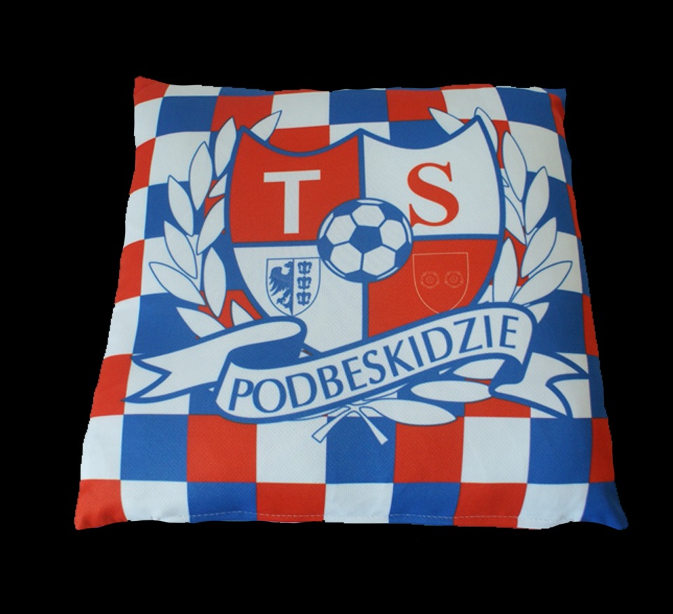 Dekoracyjna poduszka z nadrukowanym herbem klubu sportowego TS Podbeskidzie Bielsko-Biała na tle szachownicy w barwach klubowych.