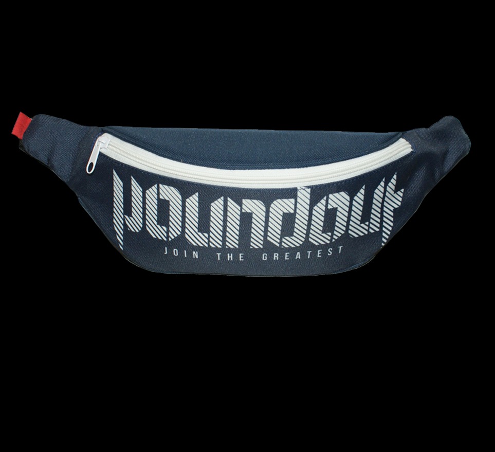 Granatowa nerka biodrowa z białym zamkiem i nadrukiem 'Poundout Join The Greatest' na czarnym tle.