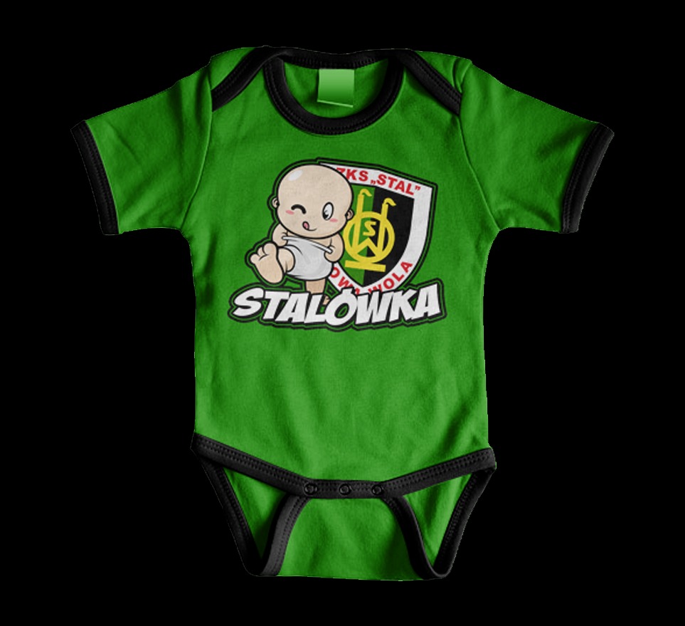 Zielone body dziecięce z czarnym obszyciem, nadrukiem herbu i rysunkową postacią niemowlęcia, leżące na płaskiej powierzchni.