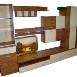 Zestaw mebli pokojowych z drewnianymi i kremowymi frontami, oświetleniem LED i obrazem w złotej ramie.