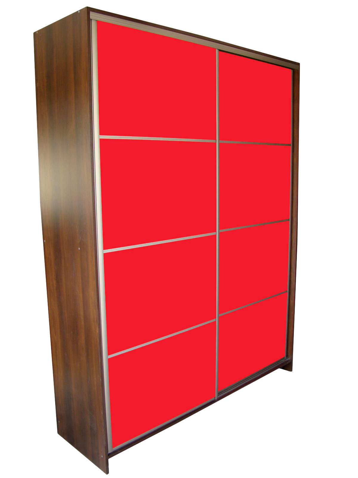 Szafa wnękowa z przesuwnymi drzwiami w kolorze jaskrawej czerwieni, obramowana ciemnym drewnem, widoczna z boku pod kątem.
