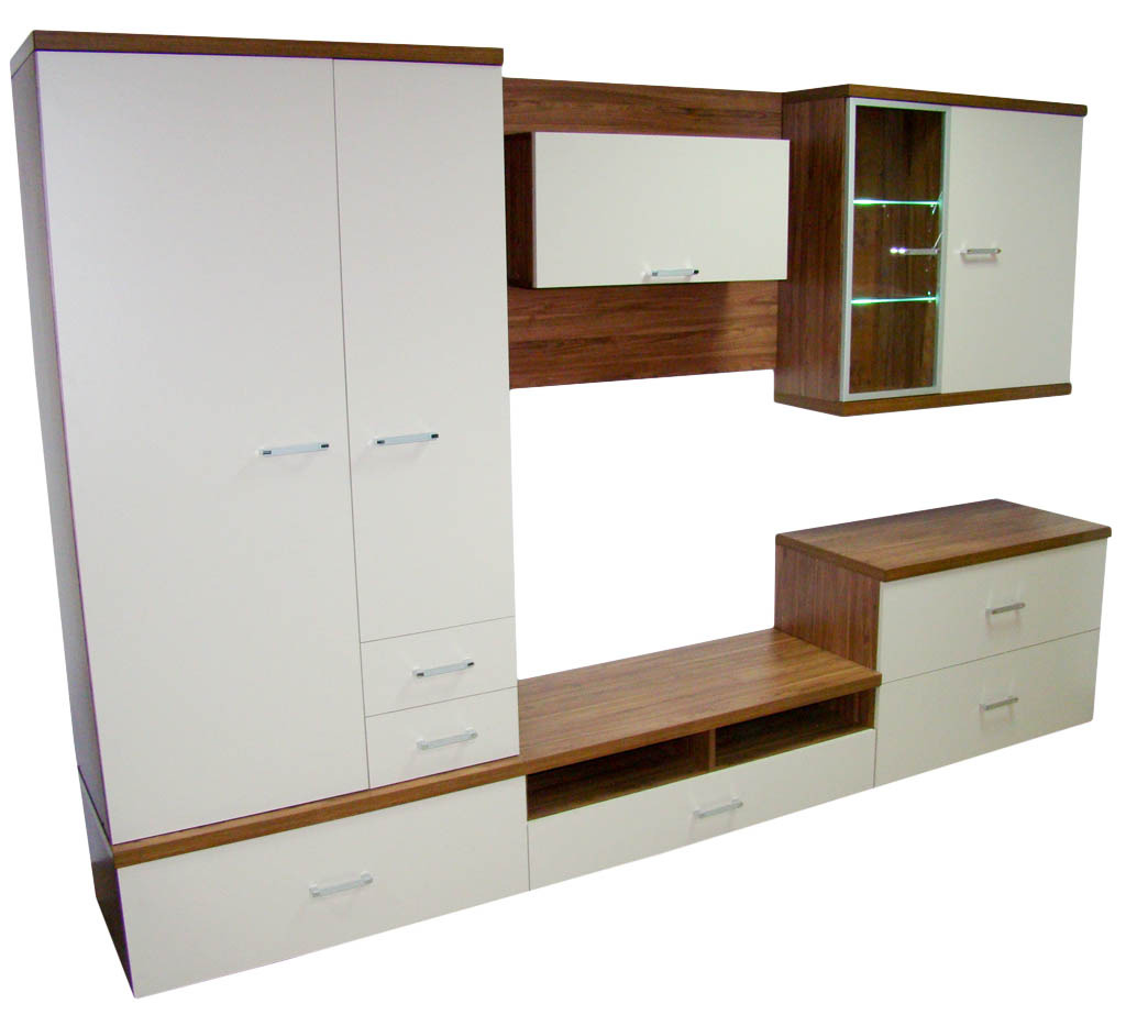Zestaw mebli pokojowych z białymi frontami i elementami z ciemnego drewna, obejmujący szafę, szafki wiszące i komodę z szufladami, z oświetleniem LED w jednej z szafek.
