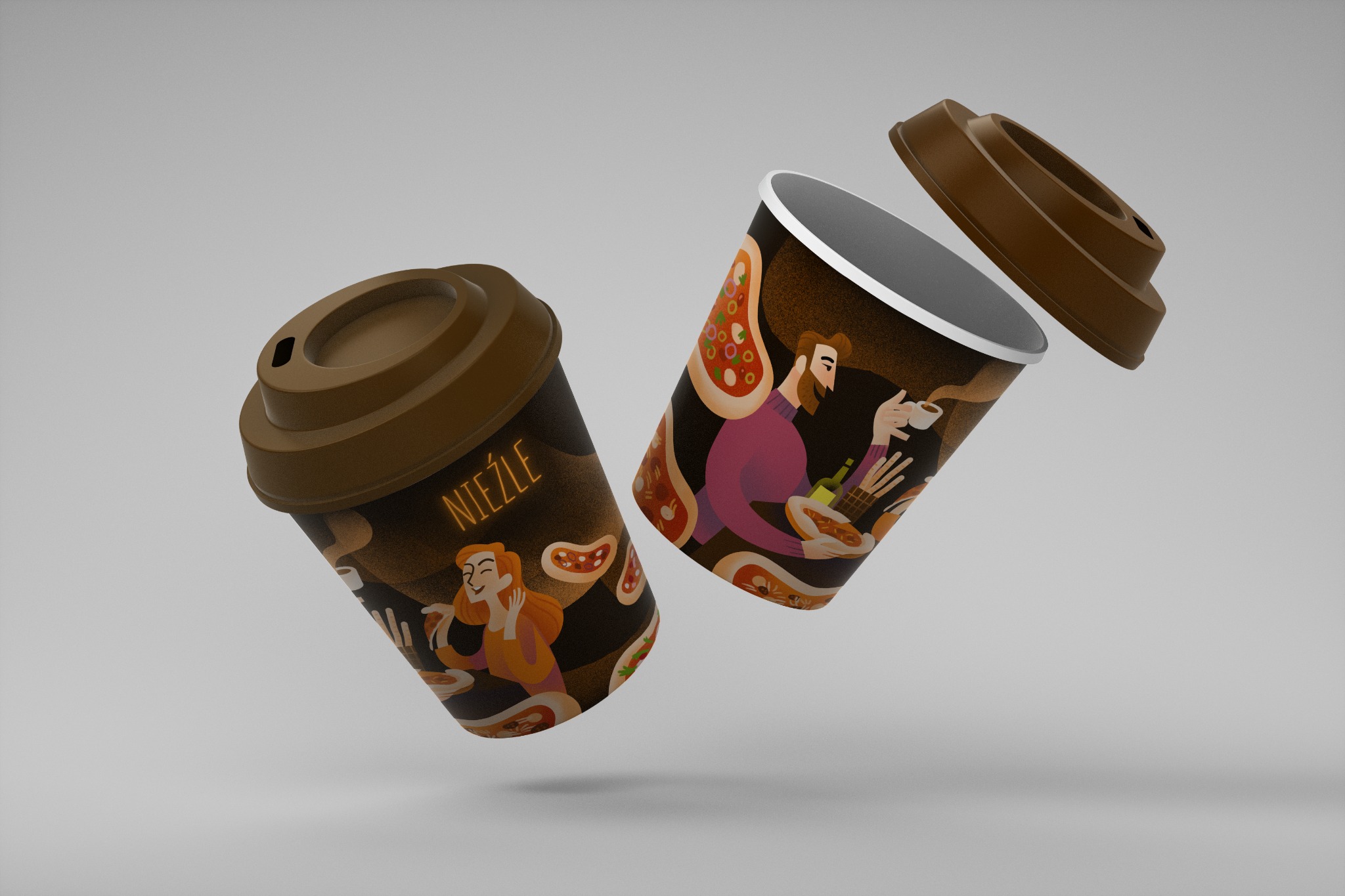Dwa papierowe kubki do kawy z brązowymi pokrywkami, unoszące się w powietrzu na szarym tle. Kubki ozdobione ilustracjami przedstawiającymi osoby jedzące pizzę i pijące kawę, z napisem 'NIEŹLE'...