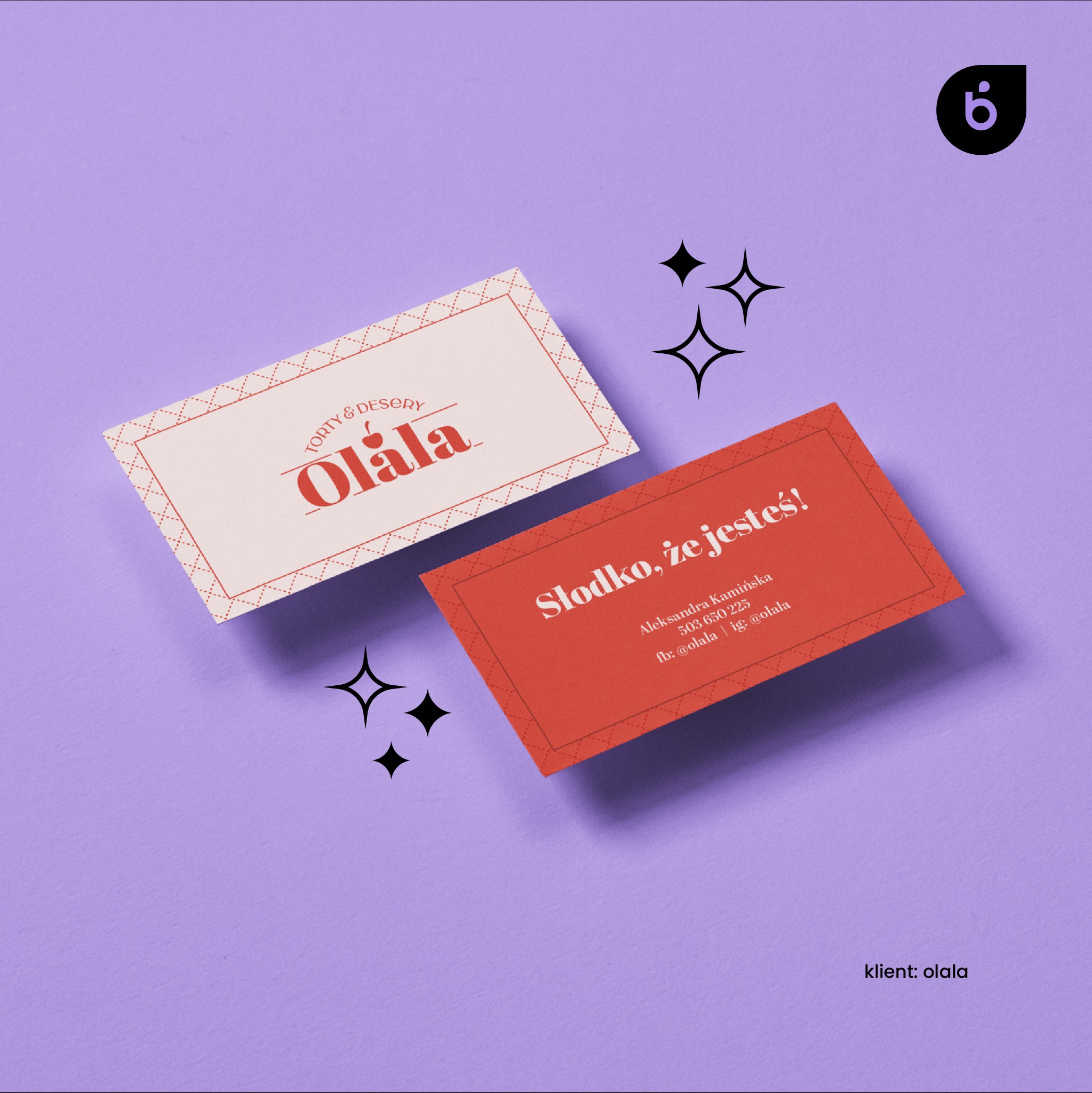 Dwie wizytówki firmy z branży cukierniczej, jedna w kolorze kremowym z napisem 'Torty & Desery Olala' i rysunkiem wisienki, druga w kolorze koralowym z hasłem 'Słodko, że jesteś!' i danymi...