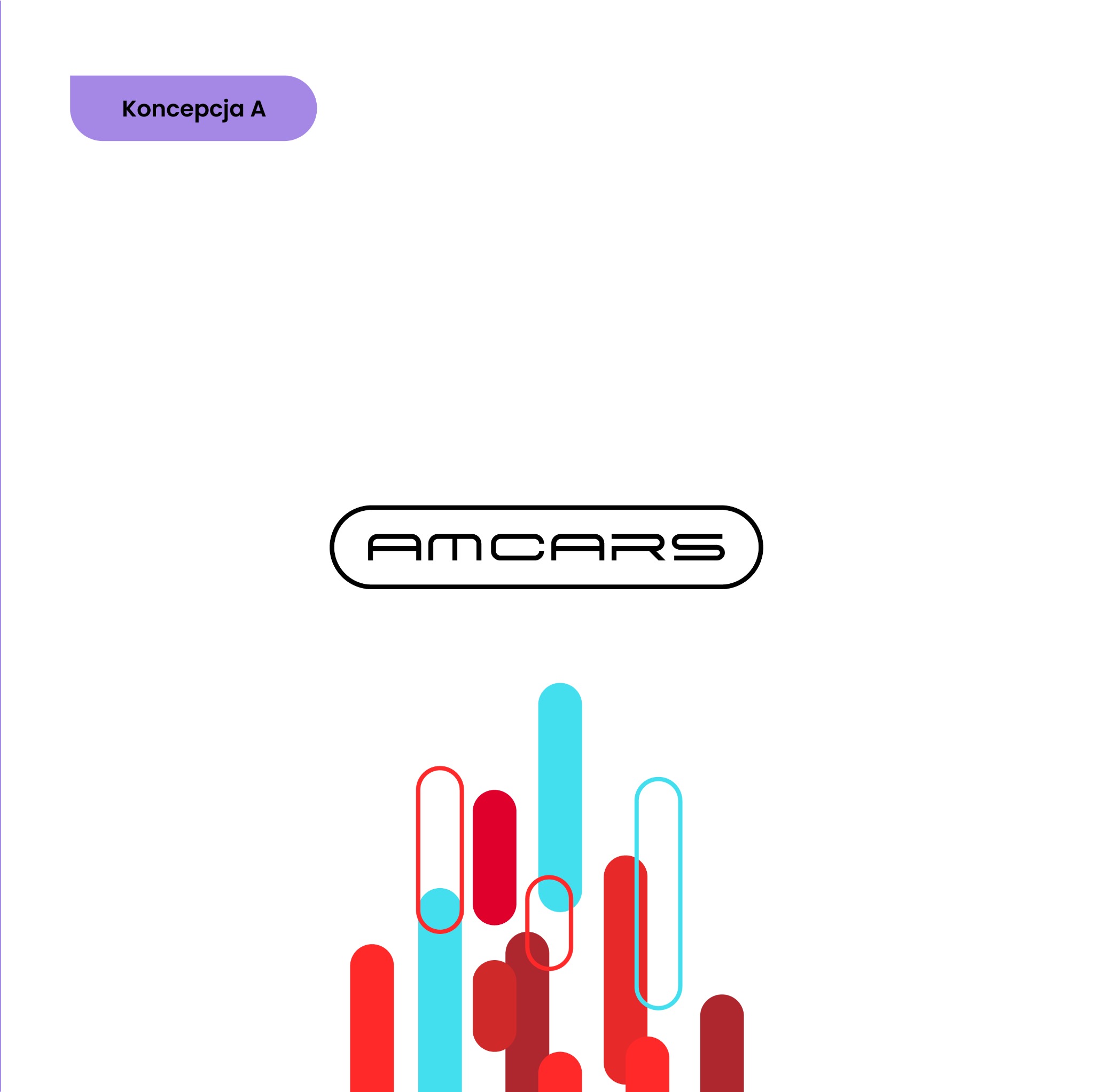 Projekt logo 'AMCARS' z abstrakcyjnym, geometrycznym tłem w kolorach czerwieni i błękitu, prezentowany jako koncepcja A.