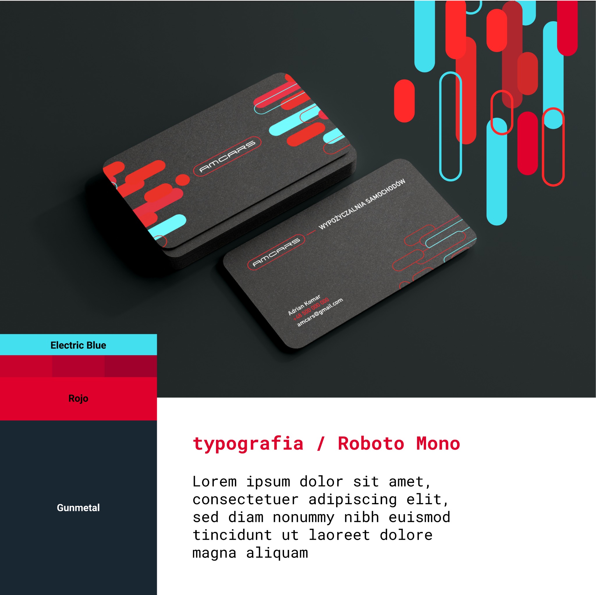 Eleganckie wizytówki firmy AM Cars, wypożyczalni samochodów, w kolorystyce gunmetal, electric blue i rojo, z nowoczesnym, minimalistycznym projektem graficznym i typografią Roboto Mono, ułożone...