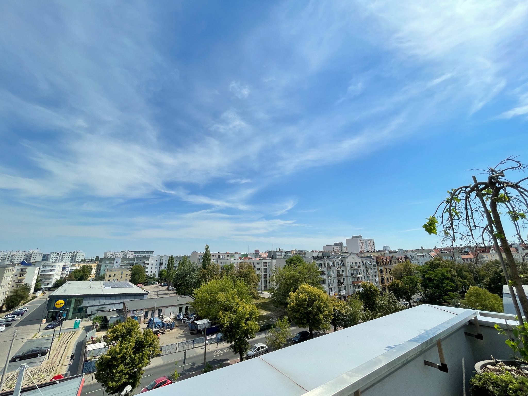 Widok z balkonu na miasto z błękitnym niebem i drzewami, widoczny sklep Lidl w oddali.