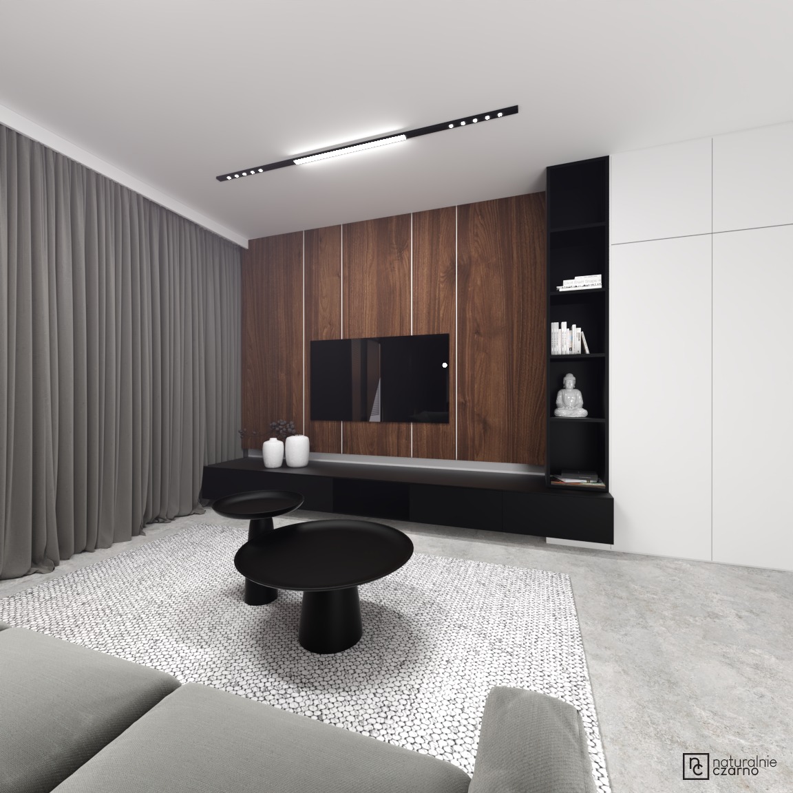 Nowoczesny salon z drewnianą ścianą, czarnym regałem z figurką Buddy, niską szafką RTV, dwoma okrągłymi czarnymi stolikami kawowymi i szarym dywanem z wypukłą fakturą.