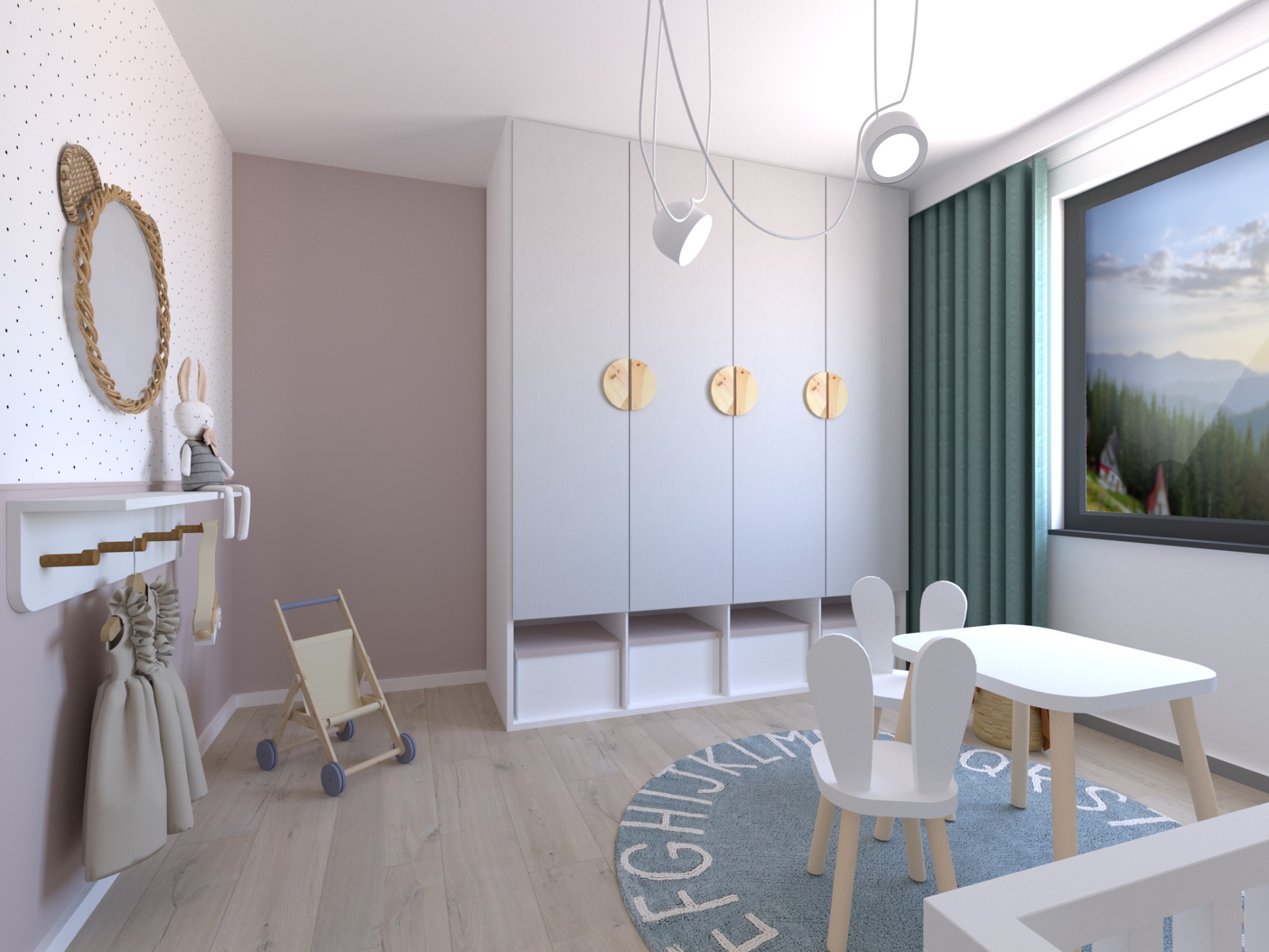 Jasny pokój dziecięcy z białymi meblami: szafa z okrągłymi drewnianymi uchwytami, stół z krzesłami w kształcie króliczych uszu, dywan z alfabetem i dekoracje ścienne.