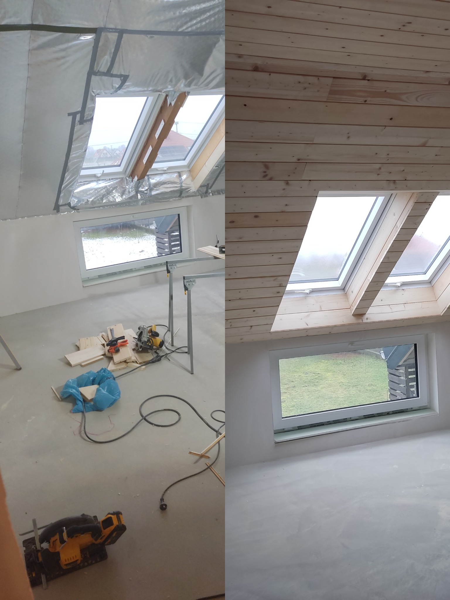 Dwa zdjęcia: po lewej izolacja dachu z oknem dachowym w trakcie prac, widoczny stół roboczy, narzędzia i odpady; po prawej wykończony drewnianą boazerią dach z oknem dachowym i oknem ściennym.