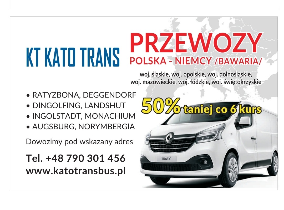 Reklama firmy transportowej KT KATO TRANS z ofertą przewozów Polska-Niemcy/Bawaria, z rabatem 50% taniej co 6 kurs. Na tle mapy Europy biały bus Renault Trafic.