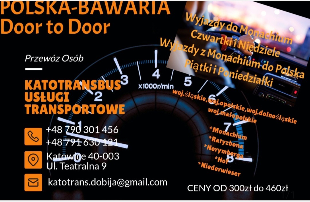 Grafika reklamowa firmy przewozowej Katotransbus z Katowic, oferującej transport do Monachium i z powrotem, z elementami deski rozdzielczej samochodu w tle.