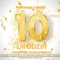 Grafika promocyjna z okazji 10 urodzin biura rachunkowego, z konfetti i złotymi cyframi.